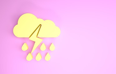 Yellow Cloud with rain and lightning icon isolated on pink background. Rain cloud precipitation with rain drops.Weather icon of storm. Minimalism concept. 3d illustration 3D render