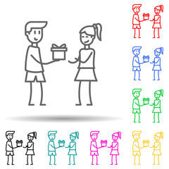 Obraz premium boy gives a gift to girl multi color style icon. Simple thin line, outline vector of friendship icons for ui and ux, website or mobile application
