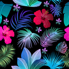 Fototapeta na wymiar Tropical jungle neon palm leaves seamless pattern, vector background