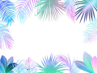Fototapeta na wymiar Vector tropical jungle frame with neon palm trees, flowers and leaves on white background