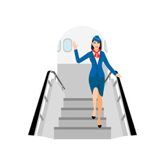 vector Illustration of stewardess dressed in blue. flight attendant goes down the plane, smiles and waves his hand