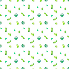 Watercolor pattern with green candy. Sweet lollipops on a white background in cartoon style. Food illustration for packaging, paper, textile