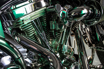 V - shaped chrome motorcycle engine.