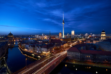 Wide panoramic view of Berlin City center former eastern part at night