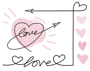Hand drawn love set, doodle design. Lettering, hearts and arrows. Valentine's day characters. Illustration vector