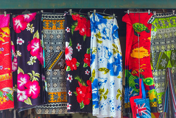 Multi-colored fabrics in the local market, Fiji.