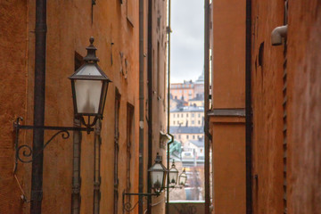 Amazingly beautiful place. Narrow streets of the old city in Stockholm.