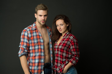 Better together. Couple grey background. Couple in love. Sensual couple in casual wear. Couple of sexy woman and handsome man. Boyfriend and girlfriend. Relationship and relations, copy space