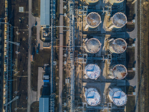 Aerial 4k top down shot of oil refinery plant.
