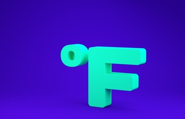 Green Fahrenheit icon isolated on blue background. Minimalism concept. 3d illustration 3D render