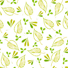Seamless pattern of green leaves created from doodles drawn with markers. For textiles, packaging.