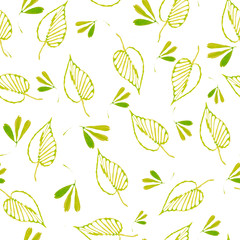 Seamless pattern of green leaves created from doodles drawn with markers. For textiles, packaging.