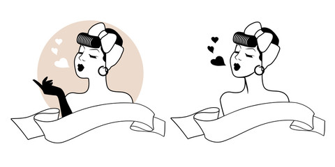 Beautiful pinup girl throwing kisses in the air. Blank text banner. Isolated on white background