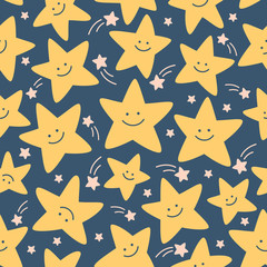 Smiling yellow stars and tiny comets on the night blue sky. Seamless pattern for nursery.