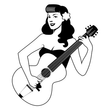 Beautiful pin-up girl playing guitar isolated on white background. Vector Illustration