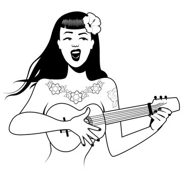 Sexy and tattooed PinUp girl singing and playing ukelele. Cartoon retro style isolated on white background