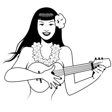 Sexy PinUp girl playing ukelele. Cartoon retro style isolated on white background
