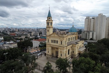 Aerial view of square and church of Freguesia do Ó's neighborhood, São Paulo, Brazil. Great...