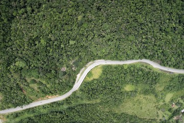 Aerial view of famous Padre Manoel da Nobrega's Road in the saw. Great landscape between mountains. Serra do Mar's State Park, São Paulo, Brazil