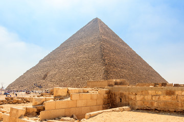 The ancient Egyptian Pyramid of Khufu with ruins, tombs and monuments in Giza, Cairo, Egypt