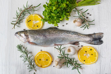 Fresh trout on white table with parsley , garlic and rosemary. Tasty fish prepare for eating.