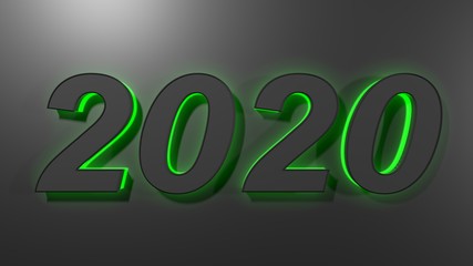 2020 black with green backlight, on black glossy surface - 3D rendering illustration