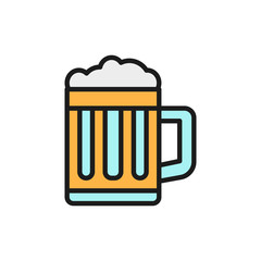 Mug of beer, pint glass flat color line icon.