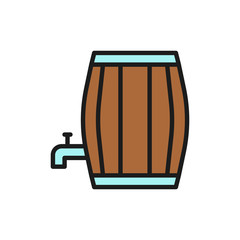 Barrel of beer, barrel with tap, alcohol flat color line icon.