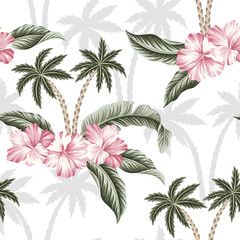 Tropische Hawaiiaanse palmbomen vintage roze hibiscus bloem groene palmbladeren naadloze bloemmotief witte achtergrond. Exotisch junglebehang.
