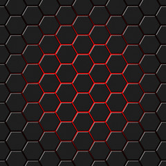 Modern 3d rendered hexagonal background, black and white geometric abstract texture with shining red light 