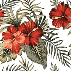 Tapeten Hibiskus Tropischer Vintage roter Hibiskus mit Blumen grüne Palmblätter nahtlose Muster weißen Hintergrund. Exotische hawaiianische Dschungeltapete.