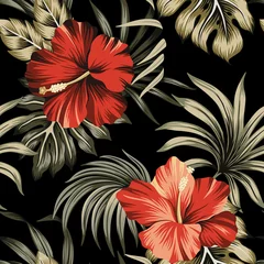 Tapeten Tropical Vintage roter Hibiskus floral grüne Palmblätter nahtlose Muster schwarzen Hintergrund. Exotische hawaiianische Dschungeltapete. © good_mood