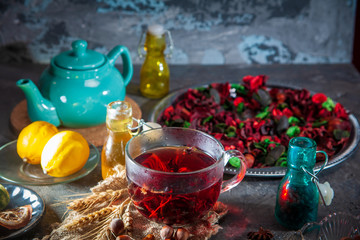 Red Hot Hibiscus tea in a glass mug