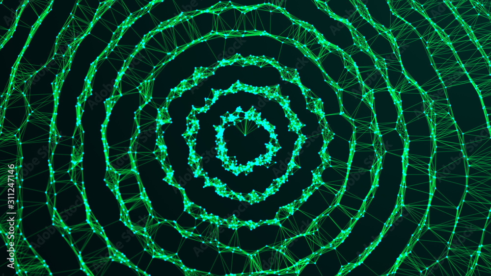Poster abstract dynamic wave of points and lines. network of bright particles connected by lines. big data.