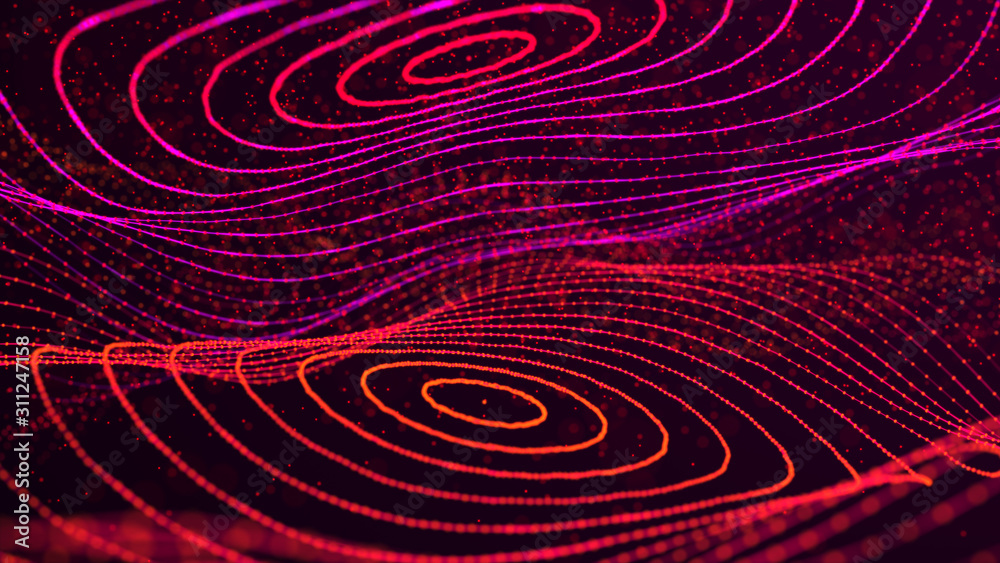 Poster abstract dynamic wave of points and lines. network of bright particles connected by lines. big data.