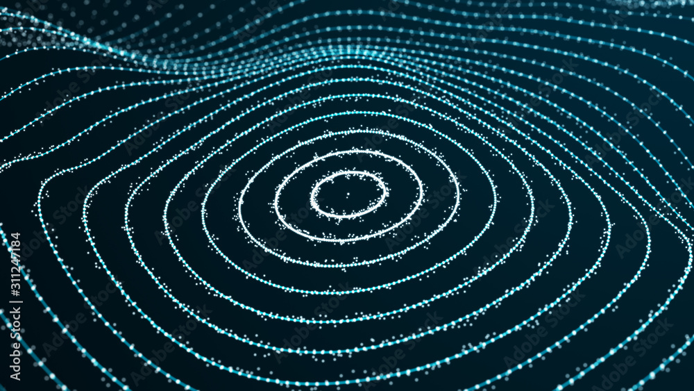 Poster abstract dynamic wave of points and lines. network of bright particles connected by lines. big data.