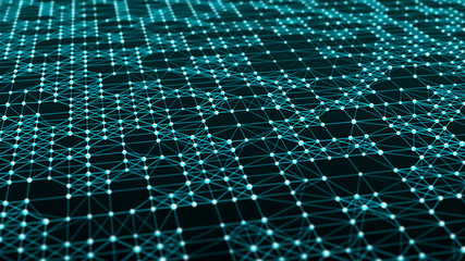 Perspective grid. Multi-colored particles and lines. Abstract digital background. 3d rendering.