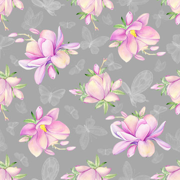 Magnolia, butterflies, pink on gray background. Watercolor seamless pattern.