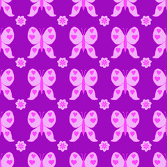  seamless pattern with pink butterfly dragonfly with hearts on wings on purple. Endless print with different insects and flowers for wrapping paper, fabric print, web page backdrop, card