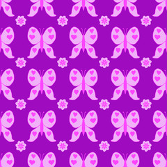  seamless pattern with pink butterfly dragonfly with hearts on wings on purple. Endless print with different insects and flowers for wrapping paper, fabric print, web page backdrop, card