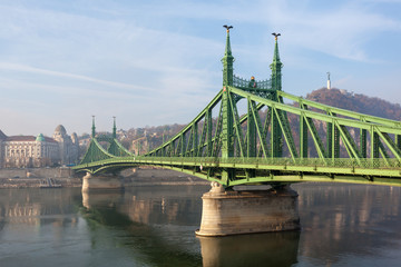 The Liberty Bridge in Budapest in Hungary, it connects Buda and Pest cities across the Danube river.