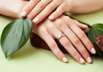 pretty perfect woman hands with white manicure and green leaf on colorful background with wood, spa cosmetic concept