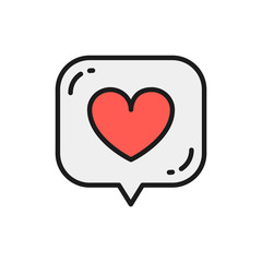 Heart in speech bubble, like, positive feedback flat color line icon.