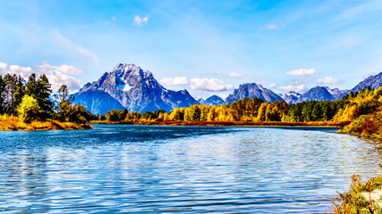 Mount Moran and surrounding Mountains in the Teton Mountain Range of Grand Teton National Park. Viewed from Oxbow Bend of the Snake River in Wyoming, United Sates