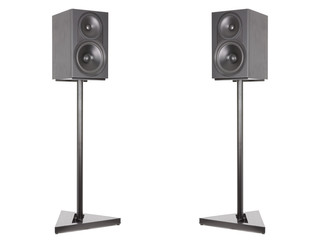 Two monitor audio studio stands and a professional horizontal speaker. Pa System Speaker