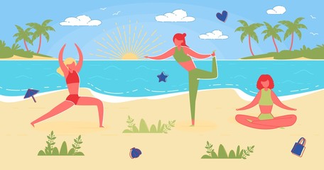 Obraz na płótnie Canvas Three Girls, Practicing Yoga by Ocean at Sunrise