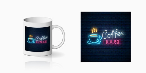 Neon coffee house print on mug mockup. Hot drink and food cafe sign on ceramic cup. Branding identity design