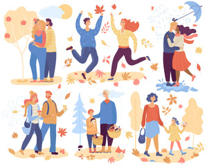 People in autumn park vector happy man woman and kid character walking in love picking leaves mushrooms outdoor. Illustration set of kissing and jumping couple in the fall isolated on white background