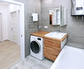 eco-style bathroom, wooden furniture with combined ceramics, Scandinavian design, interior,