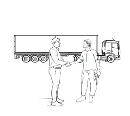 two men doing handshake deal in front of truck, sketch and draw style